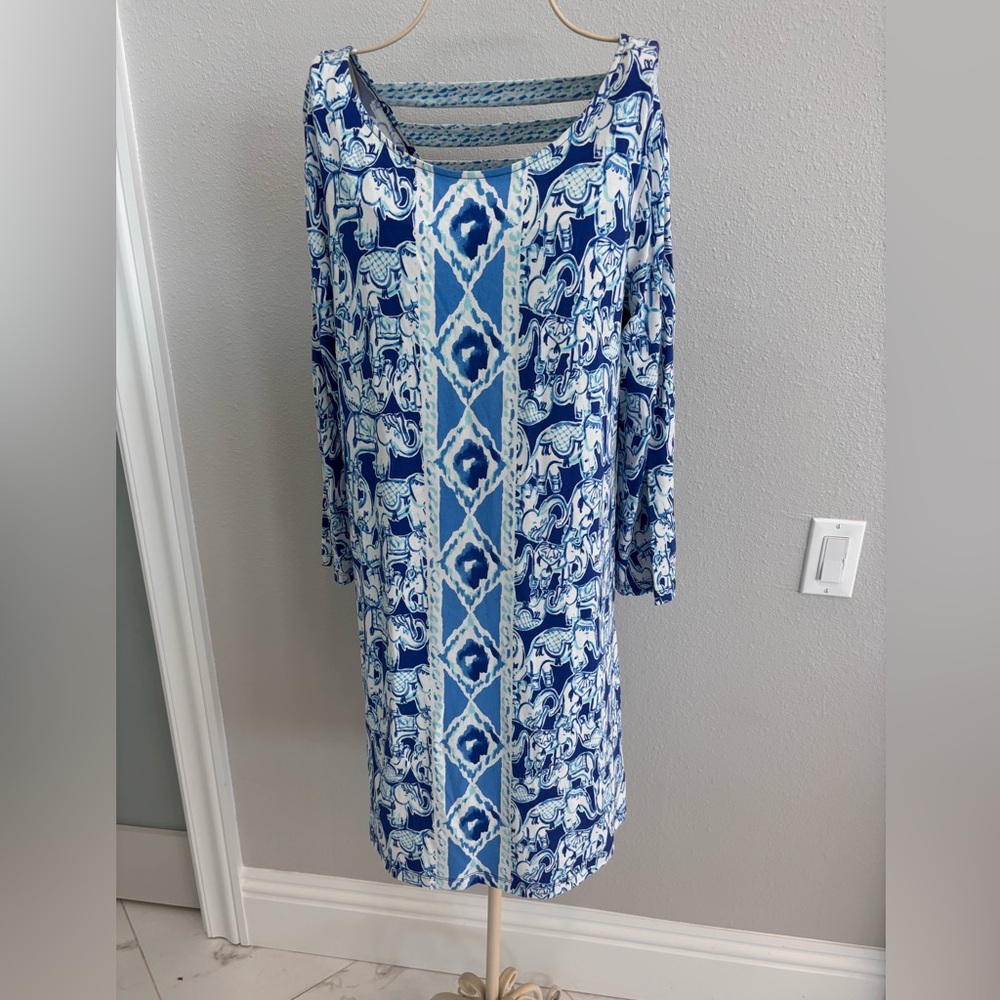 Lilly Pulitzer Get Trunky Blue Ophelia Long Sleeve Swing Dress in Size LARGE